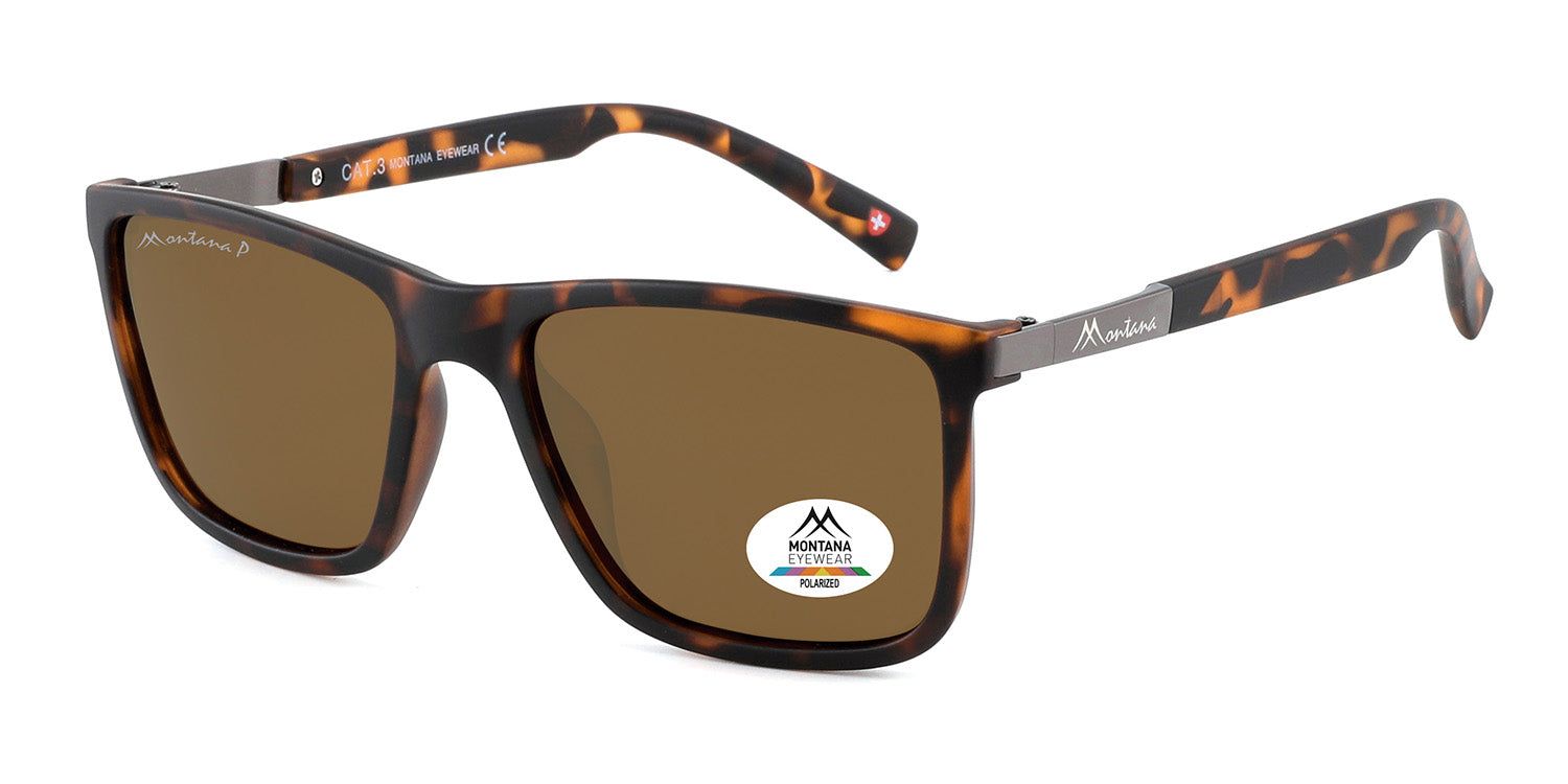 Occhiali da sole con lenti marroni e montatura marrone. Aste metalliche con logo. Adesivo "Polarized" su una lente.