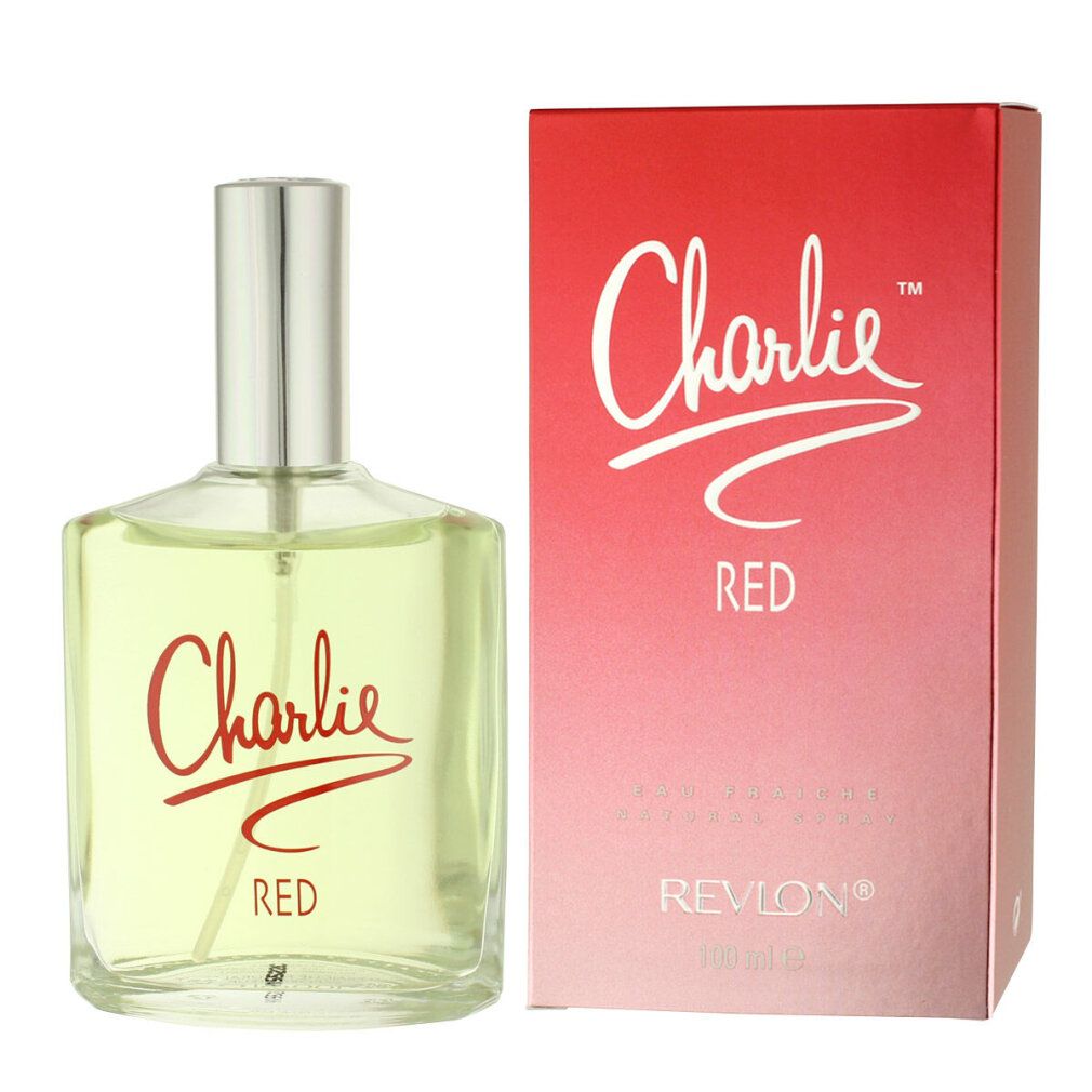 Flacone e confezione di Charlie Red. Scatola rossa con scritta bianca. Flacone in vetro con tappo argentato. 100 ml.