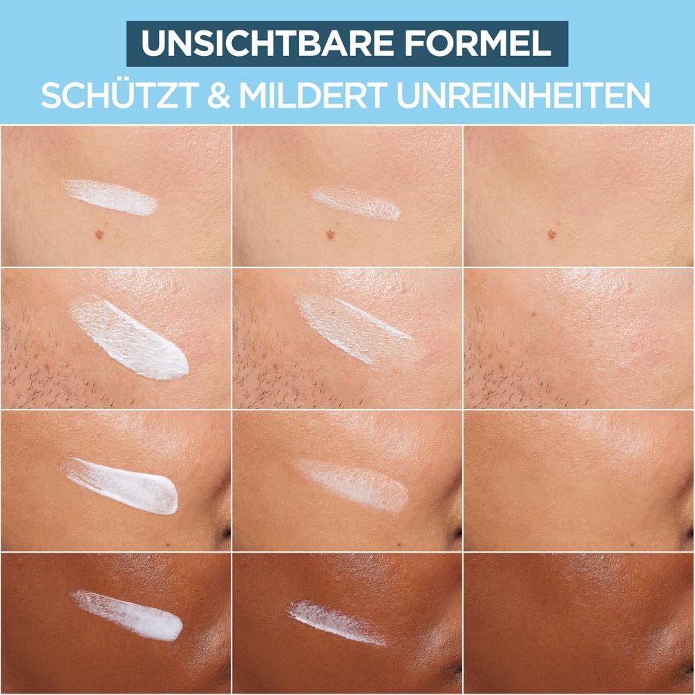 Garnier Hautklar BHA + Niacinamide Daily UV. Applicazione sulla pelle. Testo: Formula invisibile, protegge e riduce le imperfezioni.