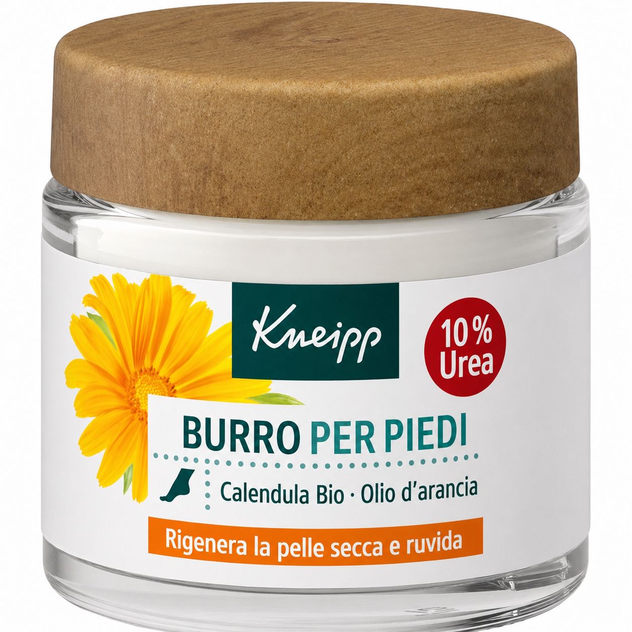 Vasetto di burro per piedi. Scritta: Burro per piedi, 10% Urea, Calendula Bio, Olio d'arancia. Rigenera la pelle secca e ruvida.