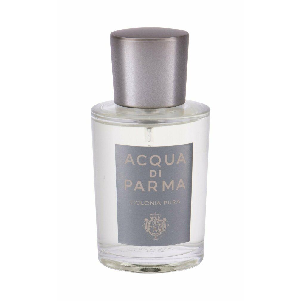Flacone in vetro con tappo argentato. Etichetta con scritta: ACQUA DI PARMA, COLONIA PURA. Contenuto trasparente.
