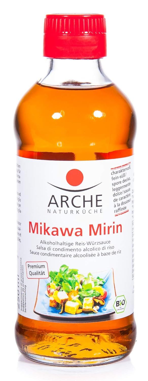 Salsa di condimento al riso Arche Mikawa Mirin in bottiglia di vetro con tappo rosso, etichetta con immagine di piatto e sigillo biologico.
