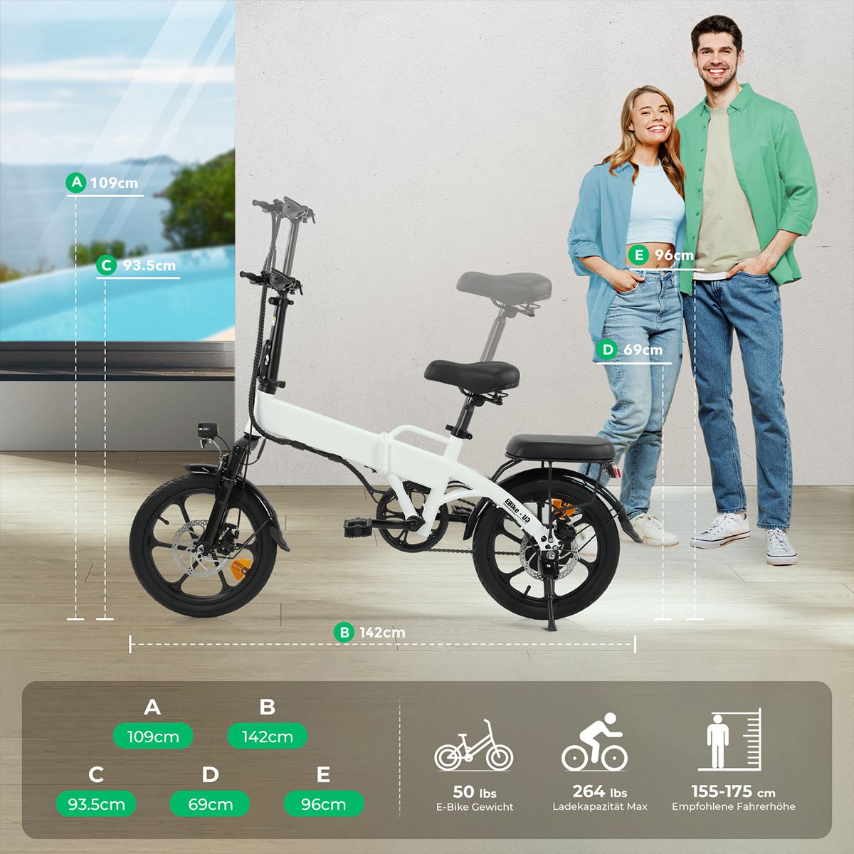 E-bike bianca con misure. Misure: 109cm, 142cm, 93.5cm, 69cm, 96cm. Peso: 50 lbs. Carico max: 264 lbs.
