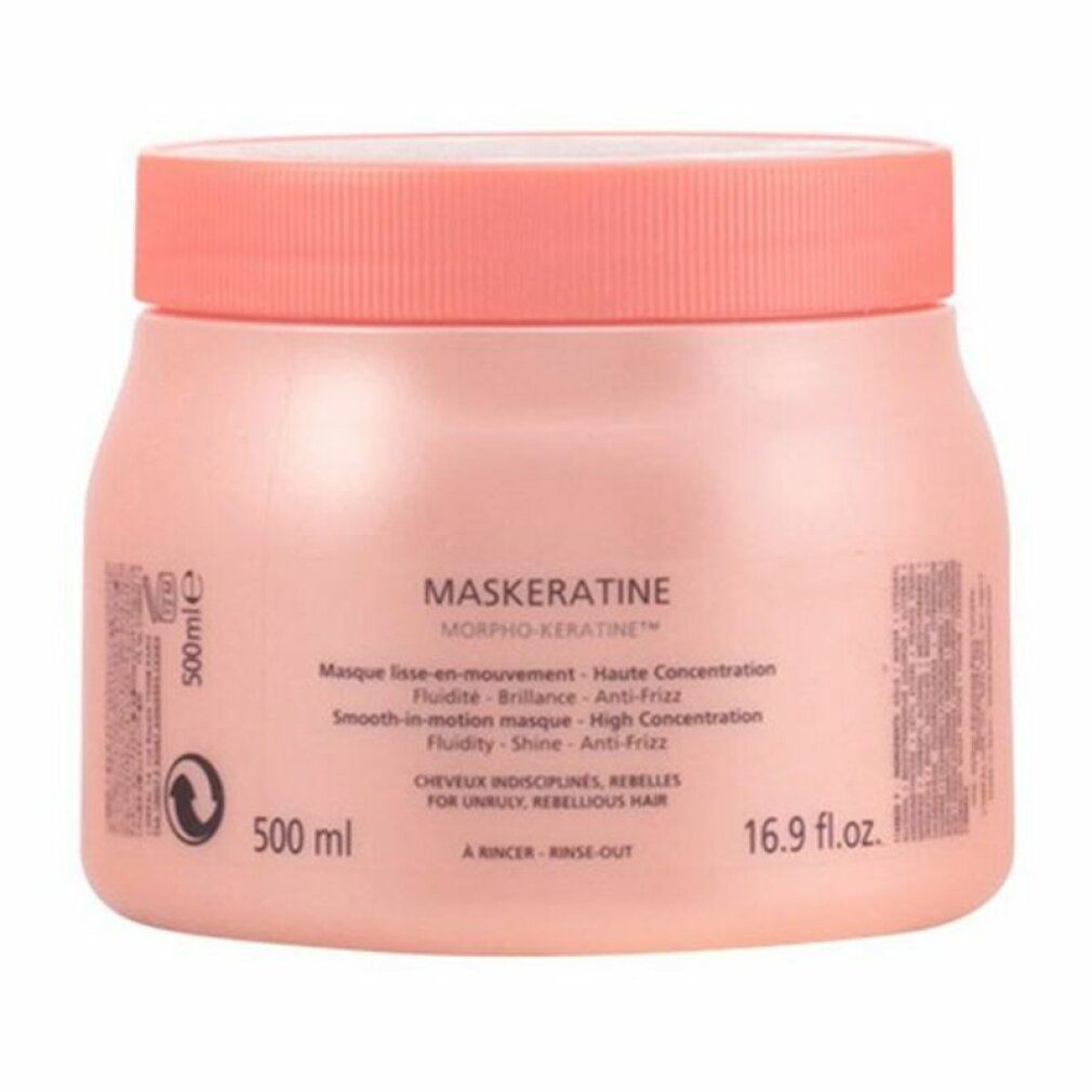 Barattolo rosa con coperchio. Scritta: MASKERATINE, 500 ml, 16.9 fl.oz. Testo: Masque lisse-en-mouvement, Anti-Frizz, per capelli ribelli.