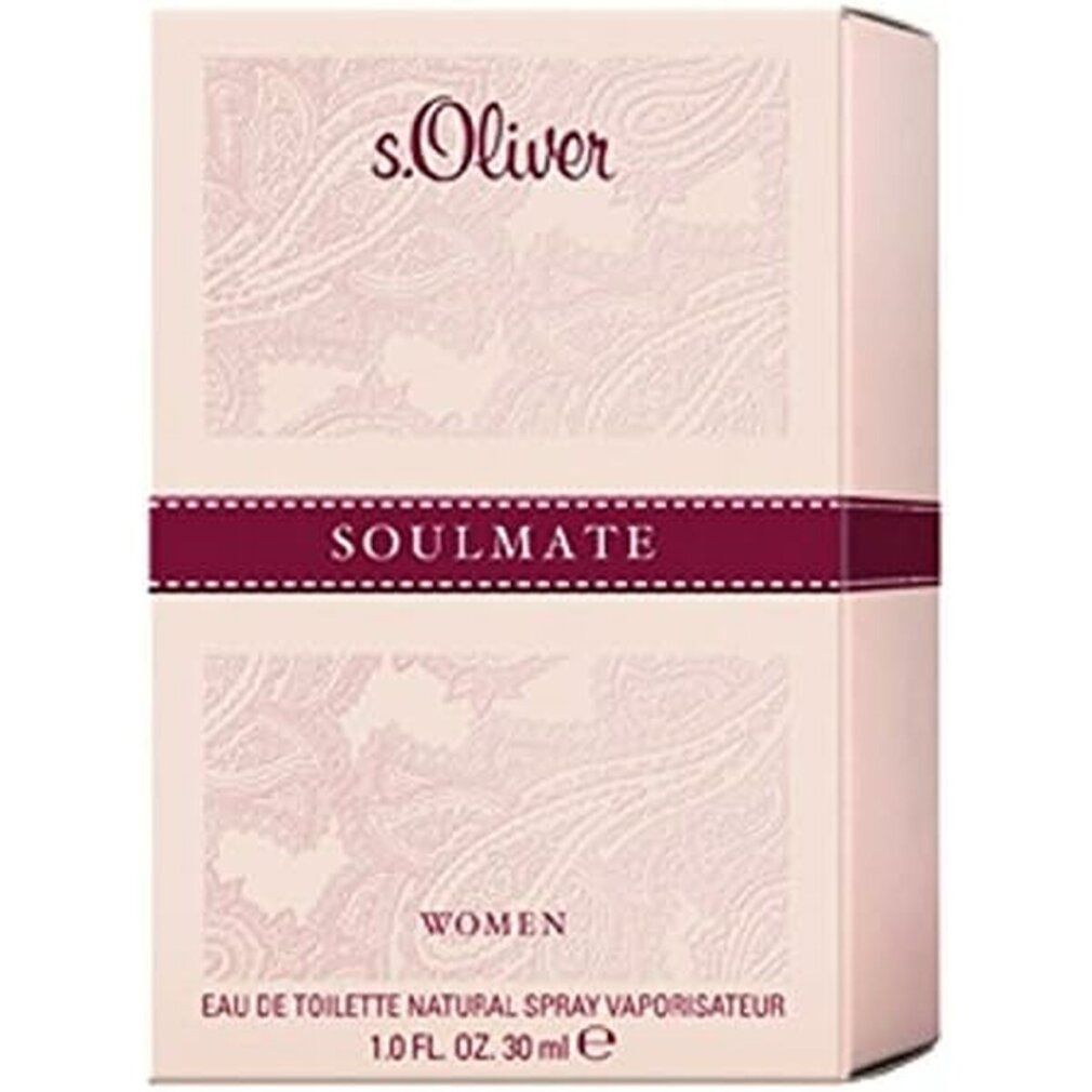 Scatola rosa con logo s.Oliver, SOULMATE, WOMEN. Testo: Eau de Toilette, Natural Spray Vaporisateur, 1.0 FL. OZ. 30 ml e.