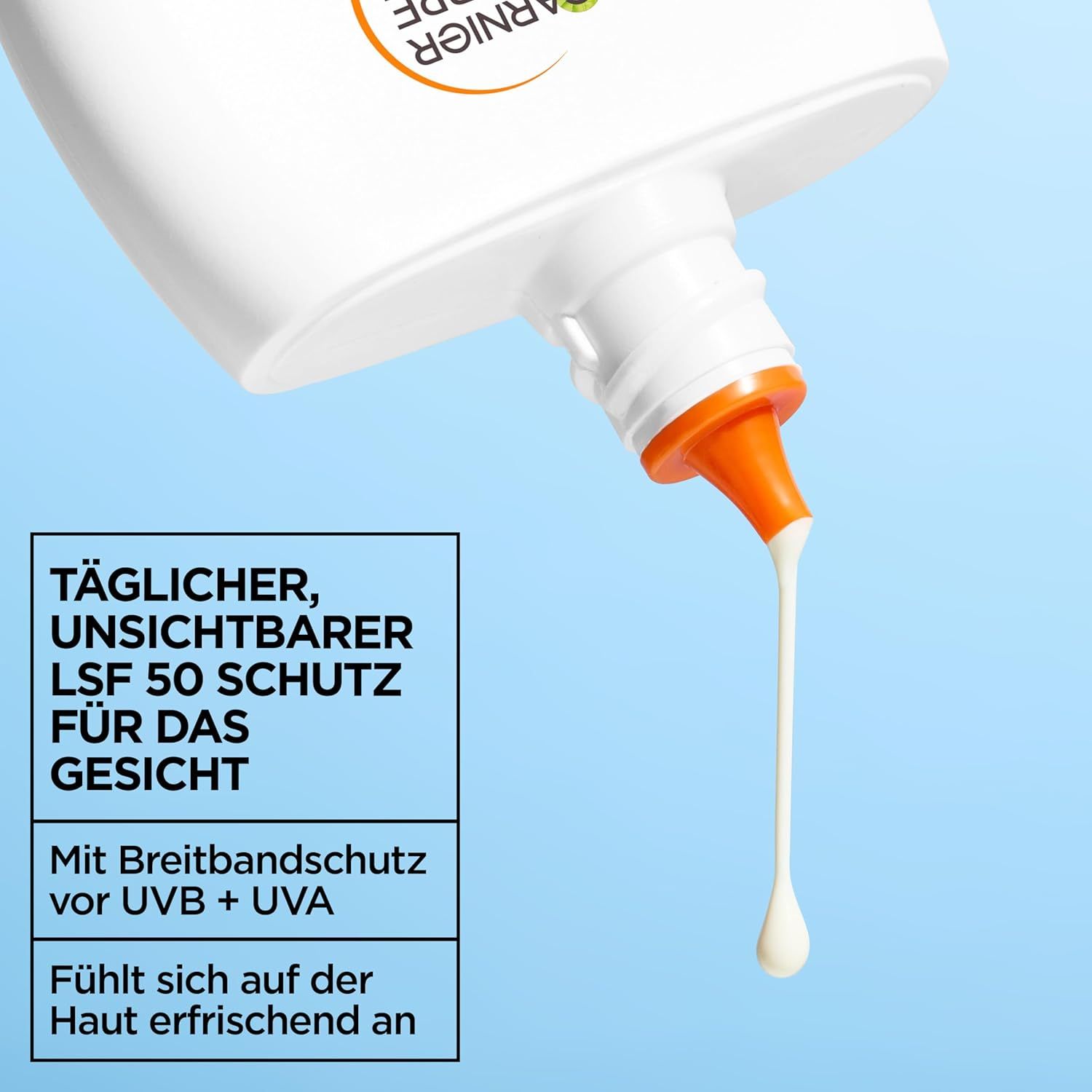 Prodotto versato dal flacone. Testo: Protezione quotidiana, invisibile SPF 50 per il viso. Con protezione ad ampio spettro.