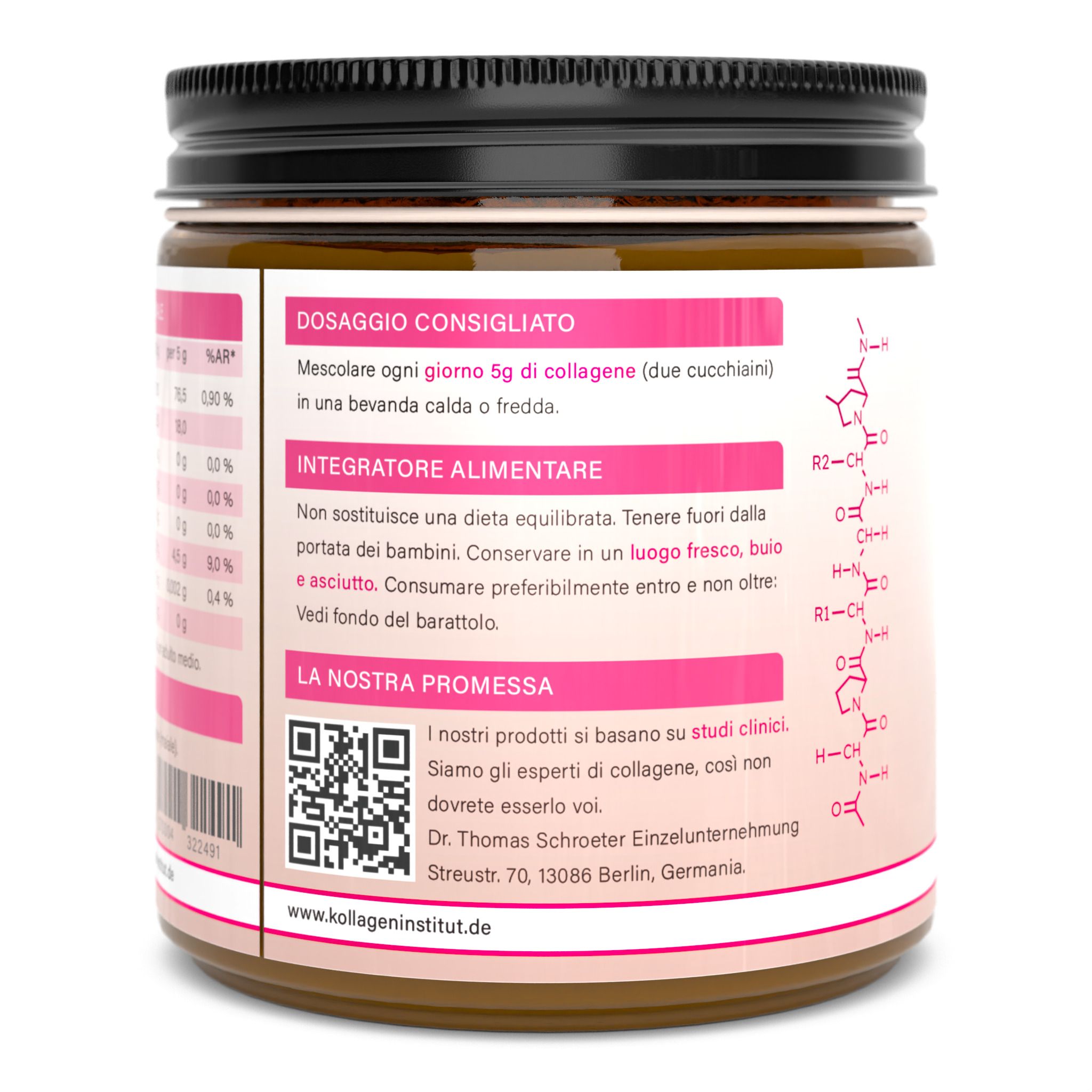 Retro di un barattolo di polvere di collagene. Etichetta rosa con dosaggio, ingredienti, codice QR e informazioni di contatto.