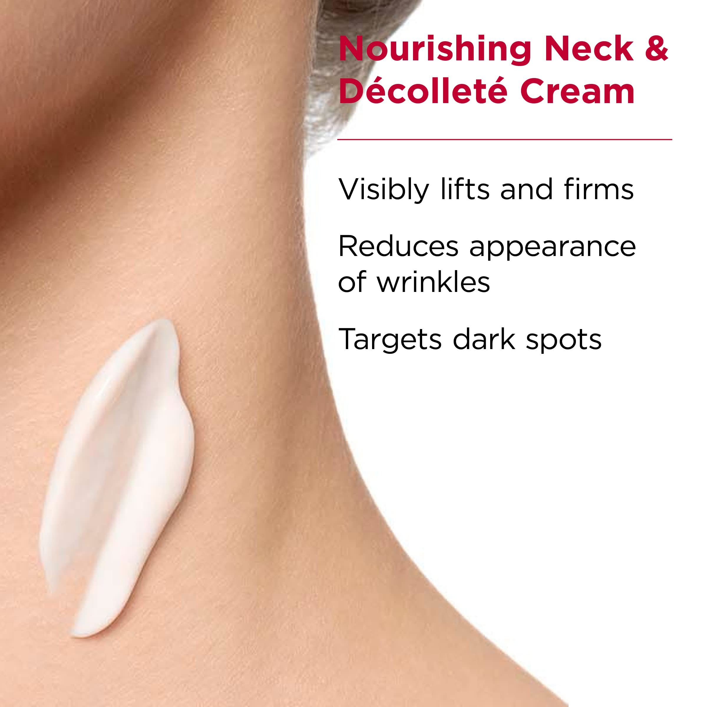 Applicazione di crema sul collo. Testo: Nourishing Neck & Décolleté Cream. Solleva e rassoda visibilmente, riduce le rughe, agisce sulle macchie scure.