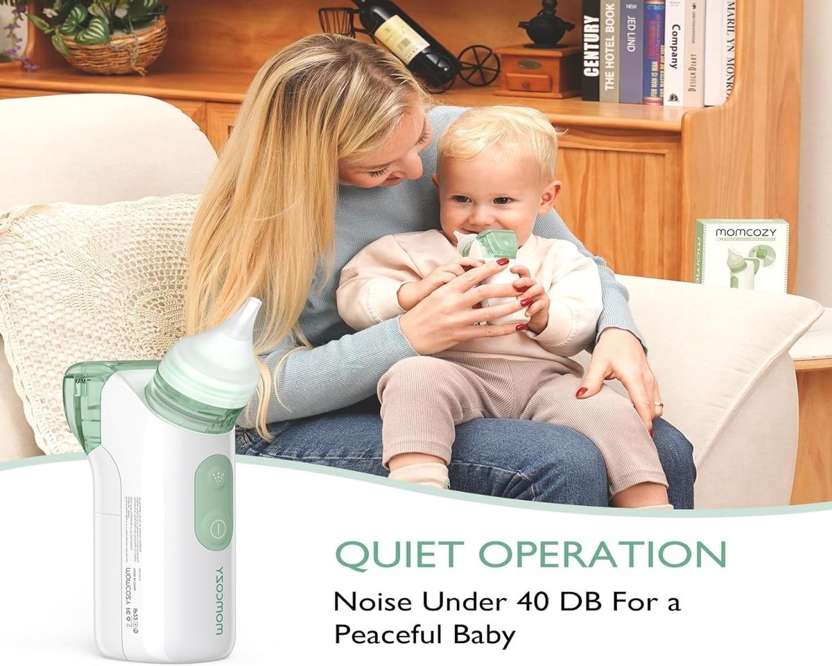 Madre tiene bambino, aspiratore nasale. Logo Momcozy. Funzionamento silenzioso: meno di 40 dB.