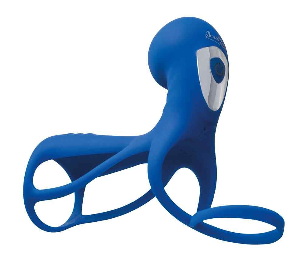 Prodotto benessere blu, design curvo. Elemento argentato e logo. Apertura ad anello.