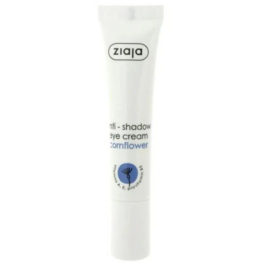 Tubo bianco con etichetta blu. "Ziaja" in alto. Sotto, "anti-shadow eye cream cornflower". Logo blu fiordaliso.