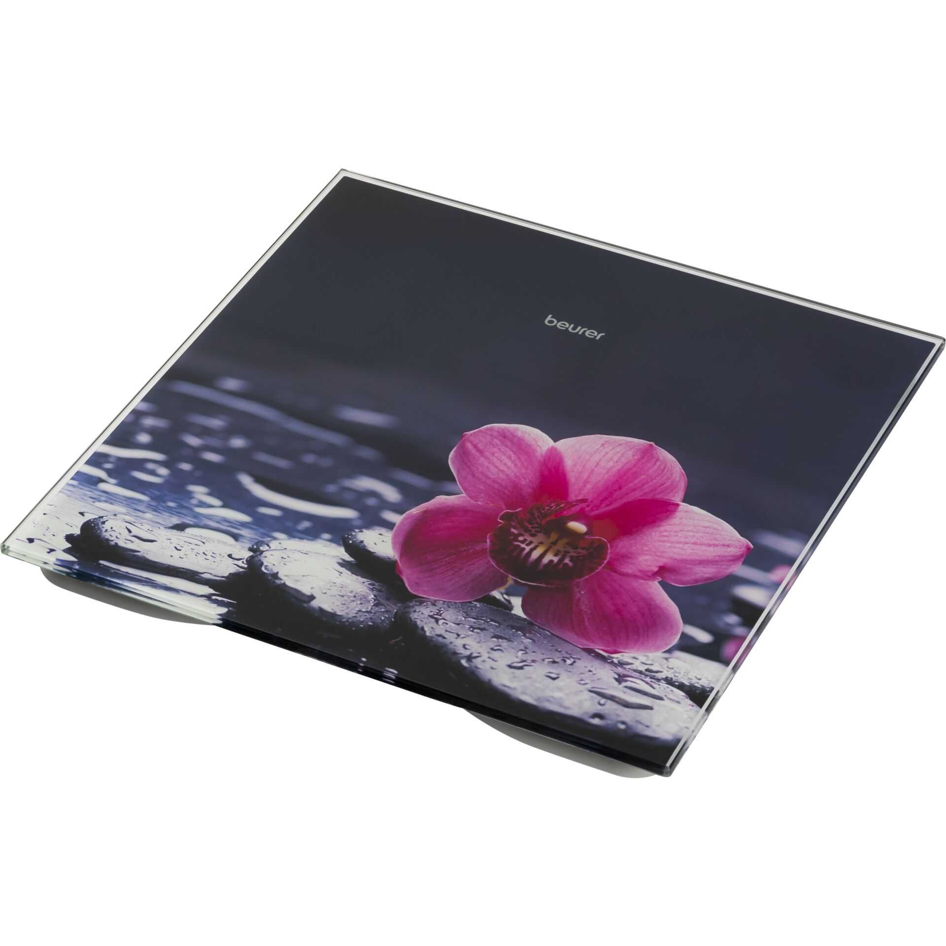Bilancia in vetro con display digitale. Superficie nera con orchidea rosa e pietre. Marchio: Beurer.