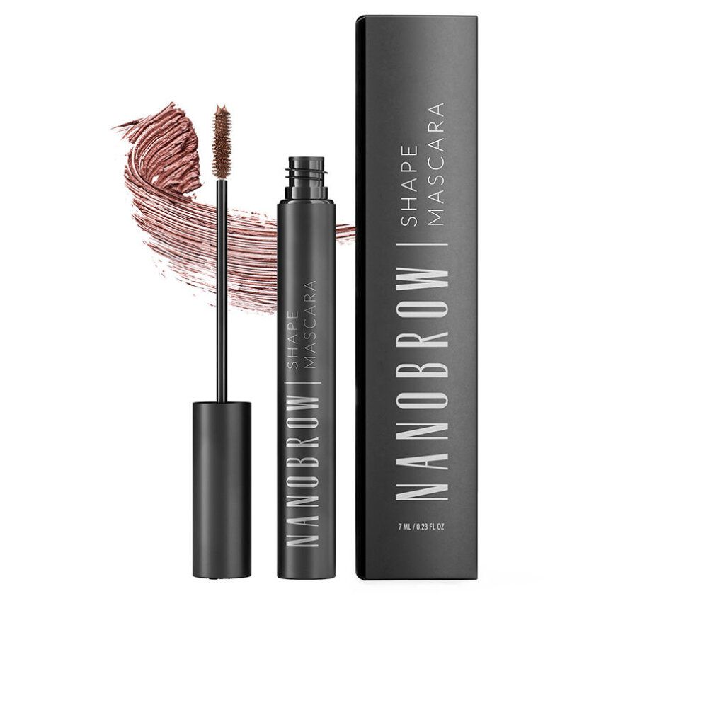 Flacone, scovolino e traccia di colore mascara. Scritta: NANOBROW SHAPE MASCARA.