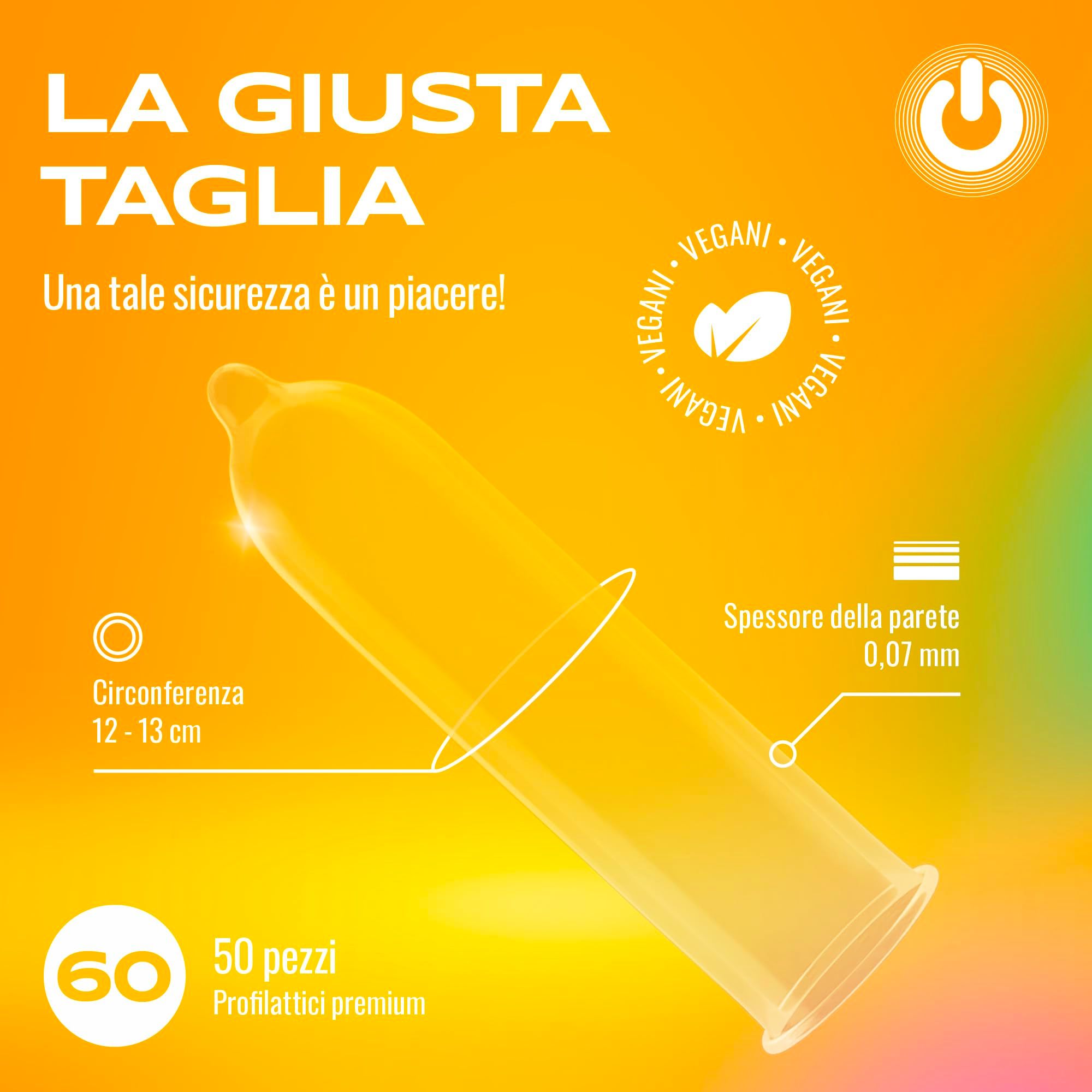 Un preservativo trasparente con logo ONsize. Testo: La taglia giusta. Vegano.