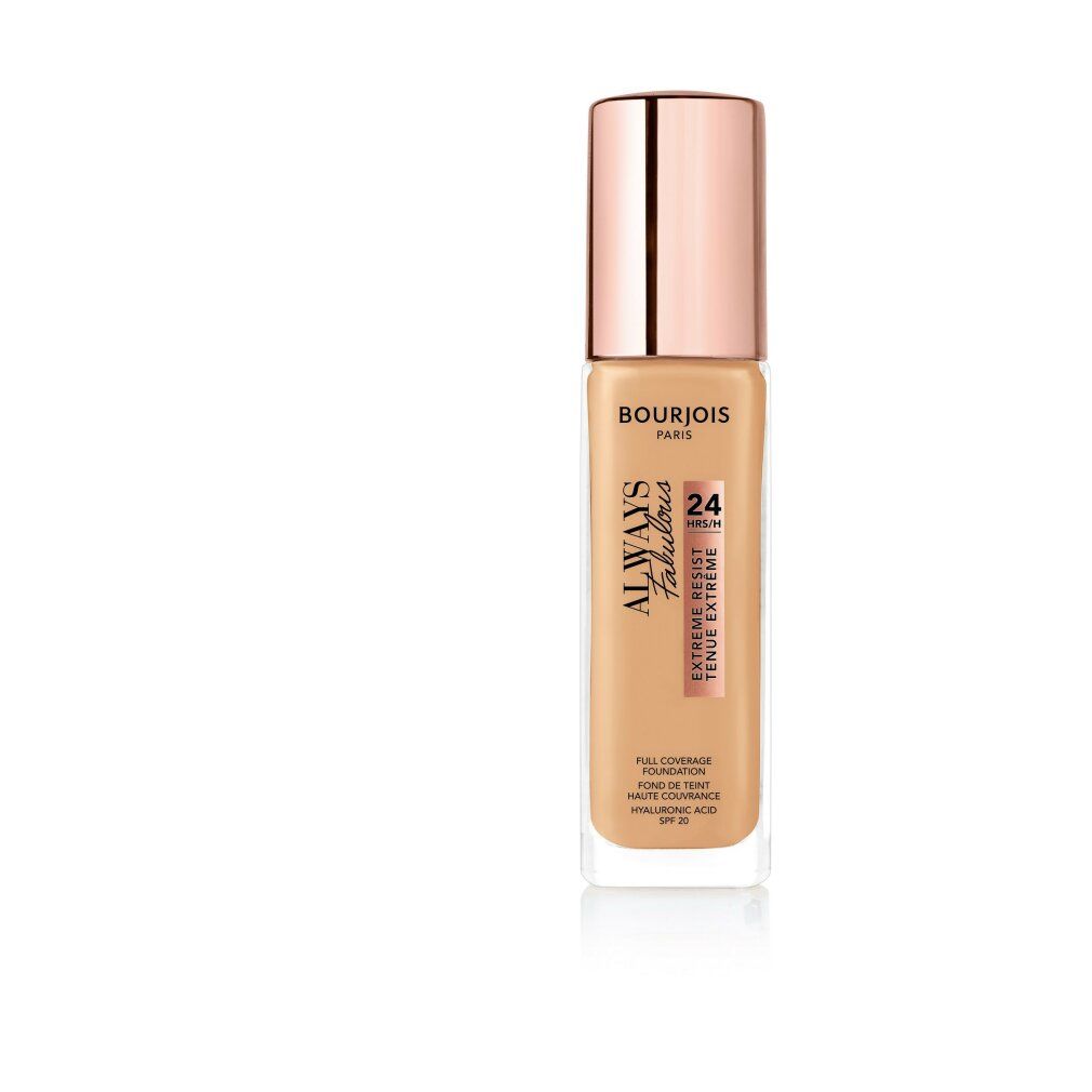Flacone di fondotinta Bourjois Always Fabulous. Tappo oro rosa. Testo sul flacone.