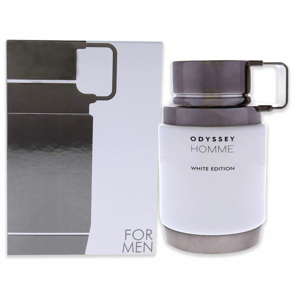 Flacone bianco con tappo e manico neri, accanto a una scatola bianca con grafica argentata. Scritta: Odyssey Homme White Edition.