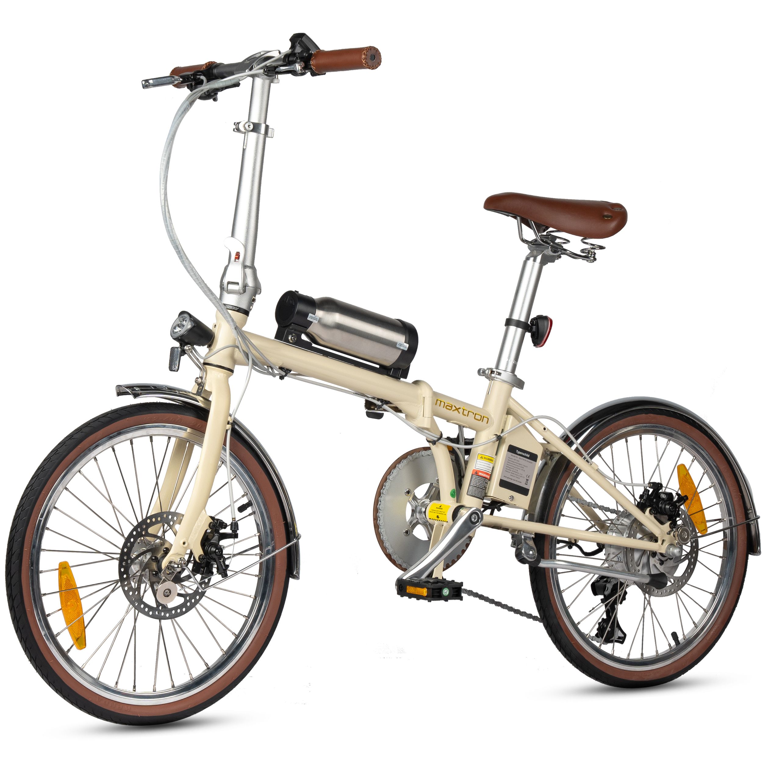 E-bike beige con pneumatici e sella marroni. Visibili: motore, batteria, parafanghi, freni. Scritta: Maxtron.