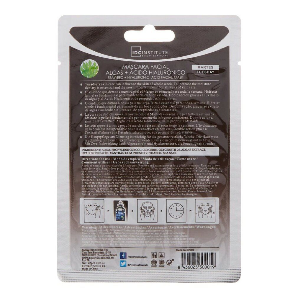 Retro della confezione della maschera viso. Sfondo nero, testo bianco. Testo e illustrazioni per l'uso.