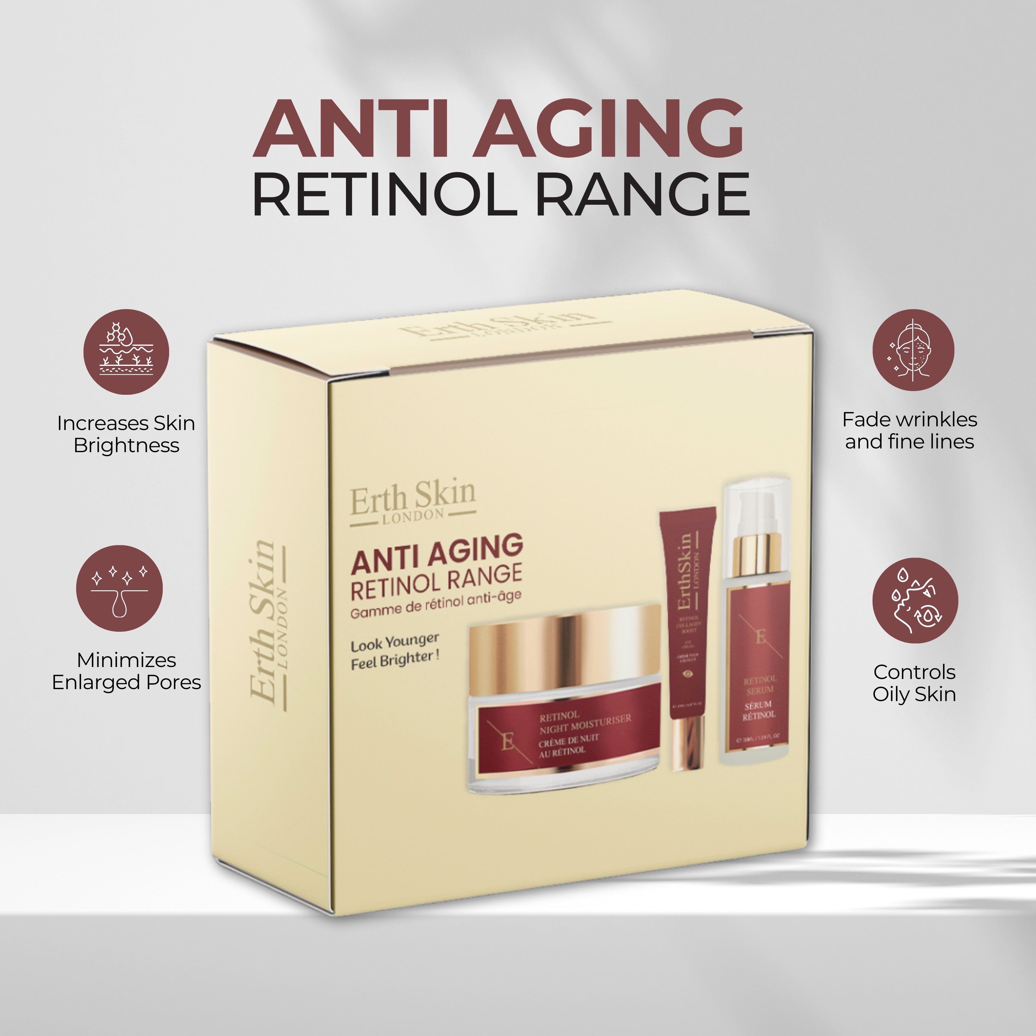 Confezione regalo con prodotti per la cura della pelle. Contiene crema, siero e crema occhi. Testo: Anti-Aging Retinol Range. Icone mostrano i benefici.