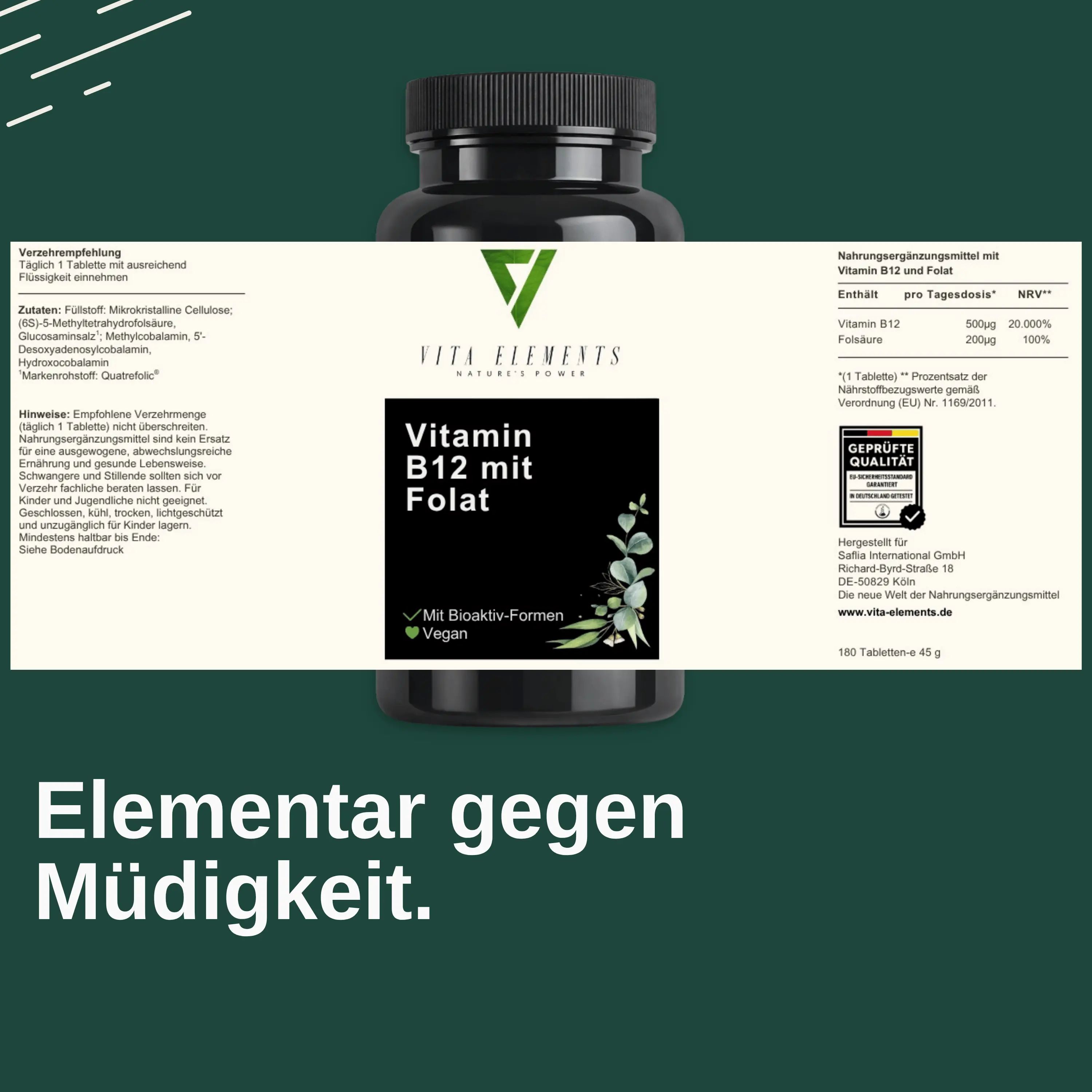 Etichetta su un contenitore Vita Elements Vitamina B12 con Folato, con sigillo 'Qualità testata'.