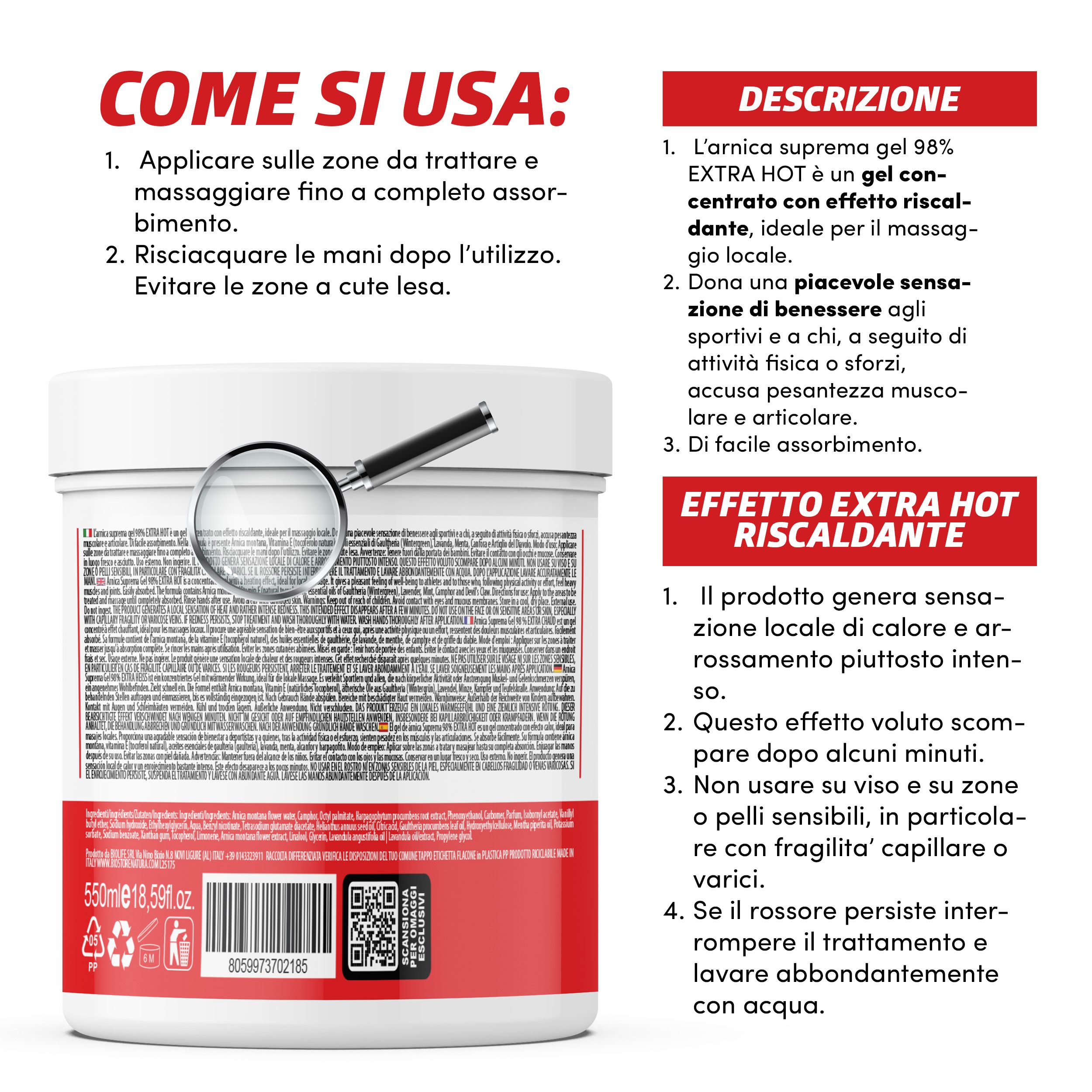 Barattolo bianco con testo e descrizione. Testo: Arnica Suprema Gel Extra Hot. Descrizione: Gel per massaggio locale.