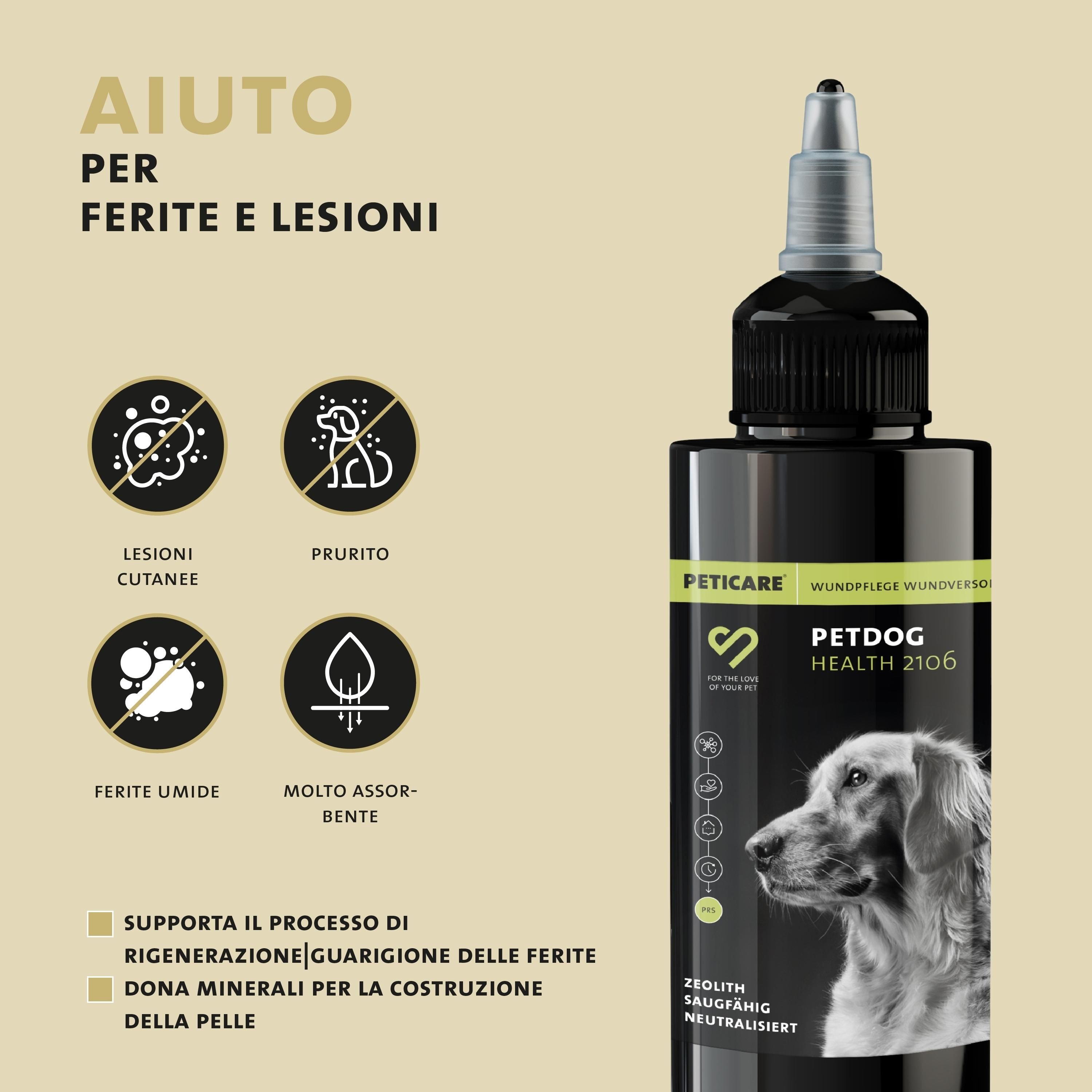 Flacone con siringa. Testo: AIUTO PER FERITE E LESIONI. Logo: PETICARE. PETDOG HEALTH 2106. Logo PRS.