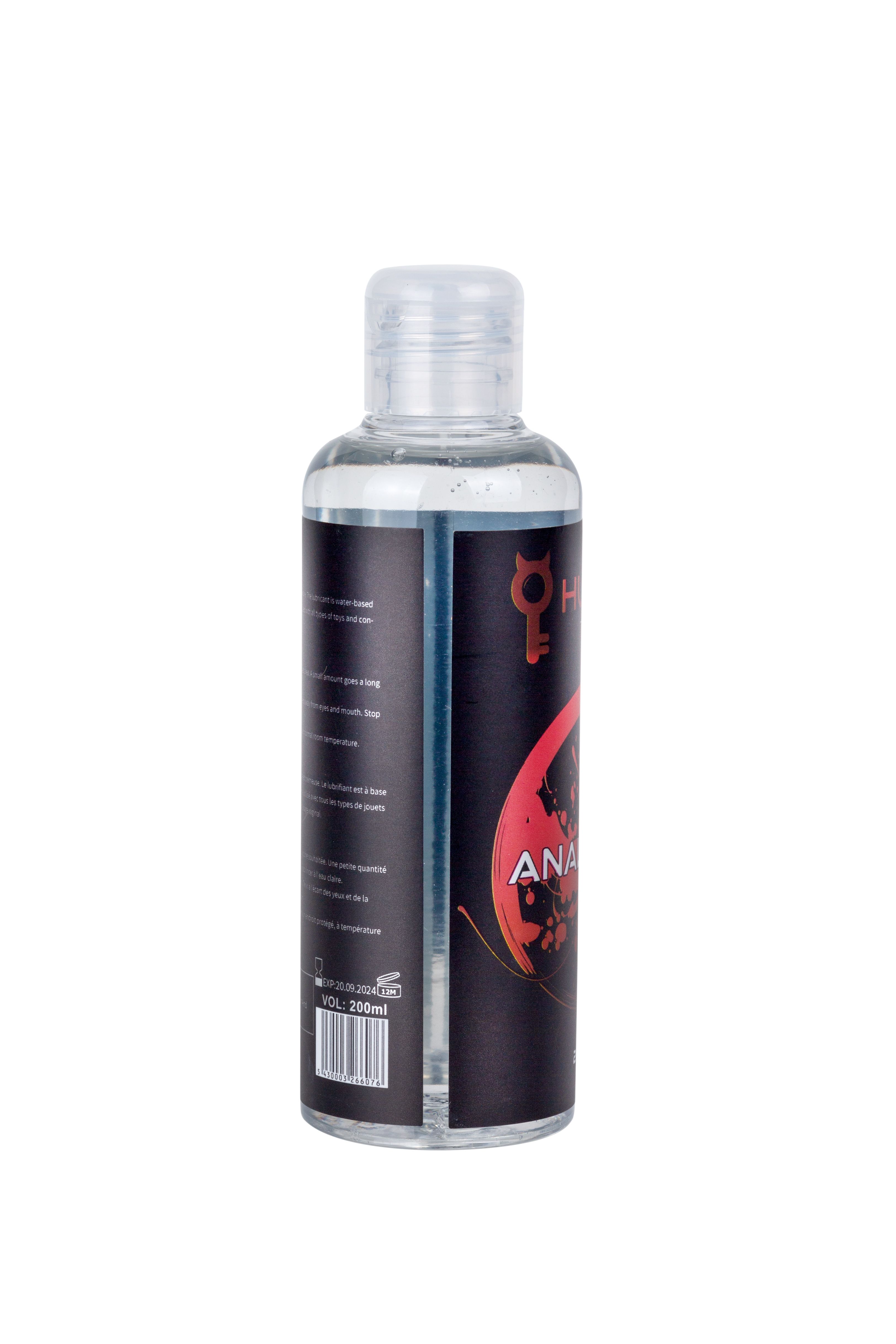 Bottiglia con liquido trasparente ed etichetta nera. Cerchio rosso con scritta ANAL. Volume: 200ml.