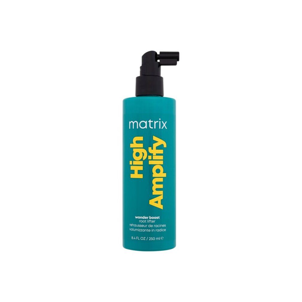 Flacone turchese con scritta gialla: Matrix, High Amplify, Wonder Boost, Root Lifter. Erogatore nero.