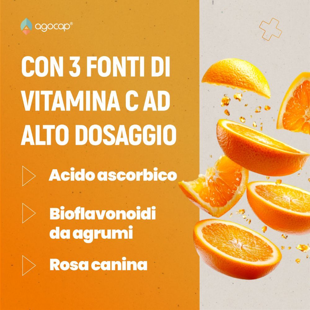 Fette d'arancia. Testo: Con 3 fonti di vitamina C. Acido ascorbico, bioflavonoidi, rosa canina.