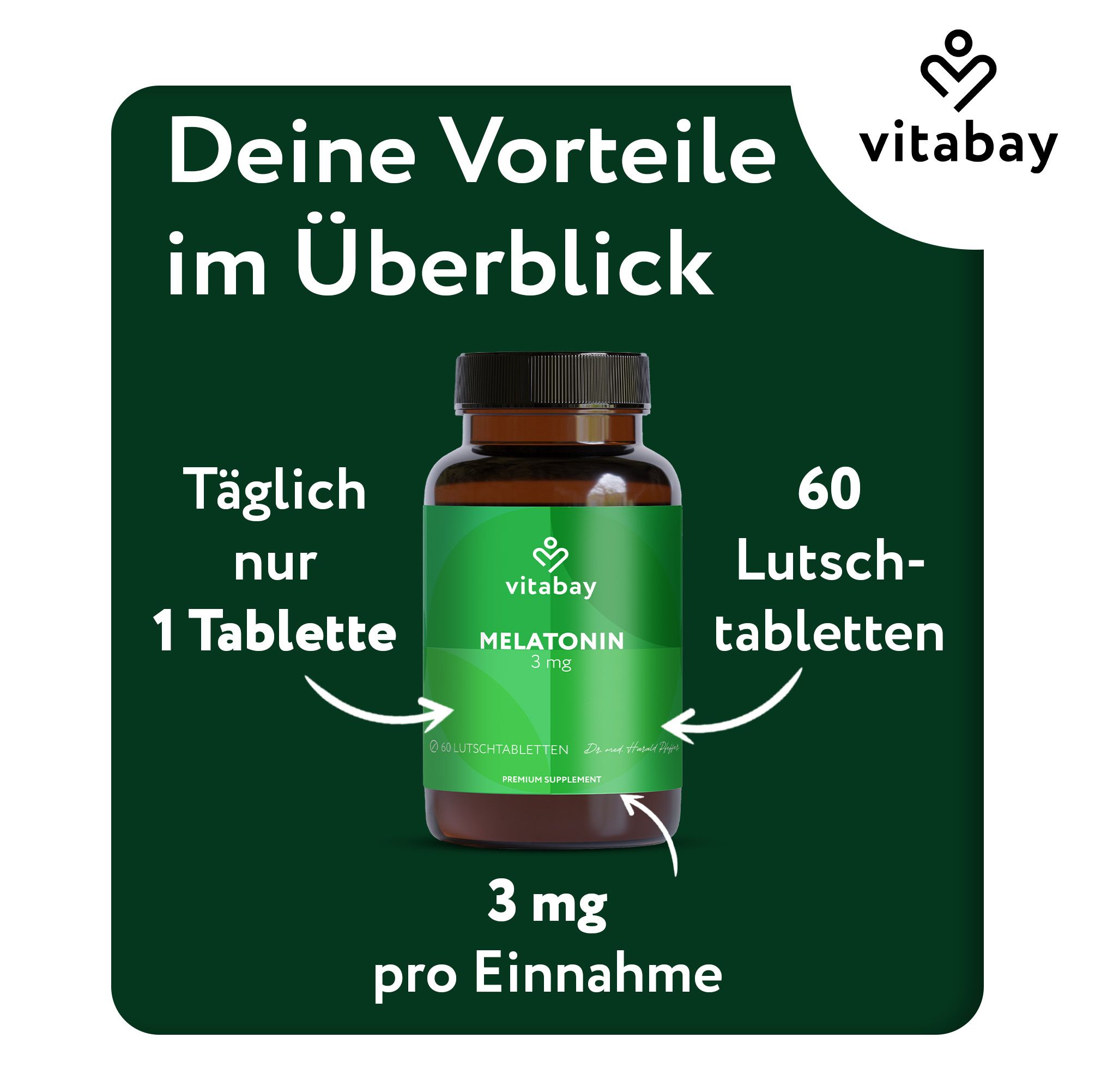 Flacone di vetro marrone con etichetta verde. Vitabay Melatonin 3mg. 60 compresse da sciogliere. Testo: Solo 1 compressa al giorno. 3 mg per dose.