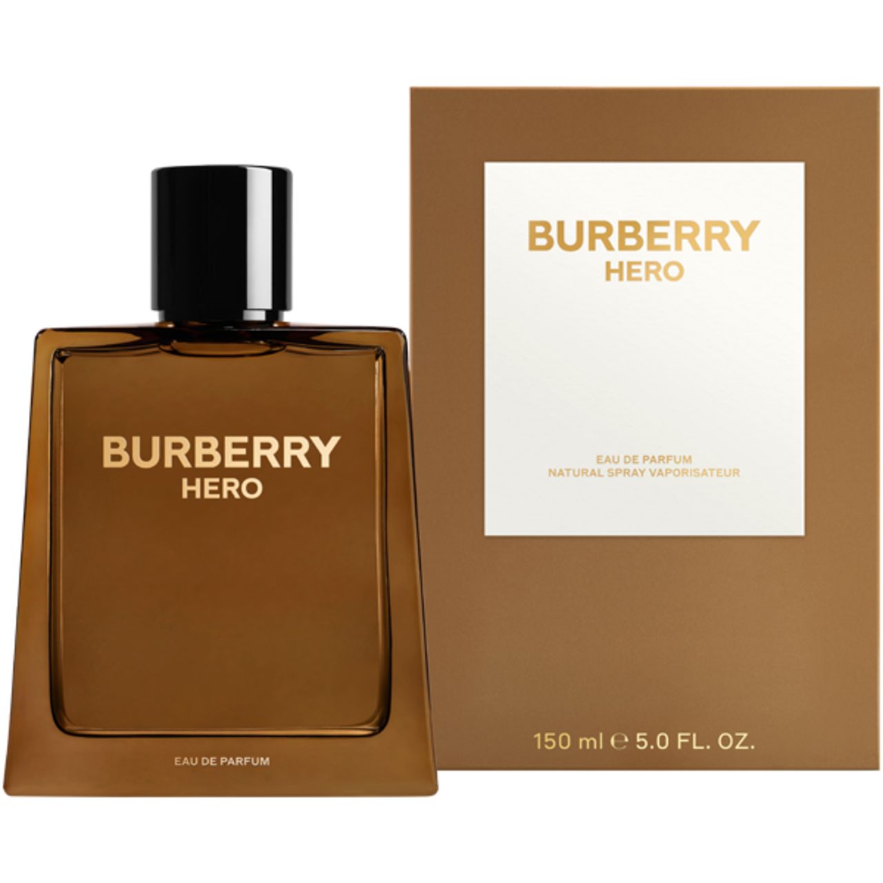 Burberry Hero E.d.P. Nat. Spray. Flacone marrone, tappo nero. Scritta dorata.