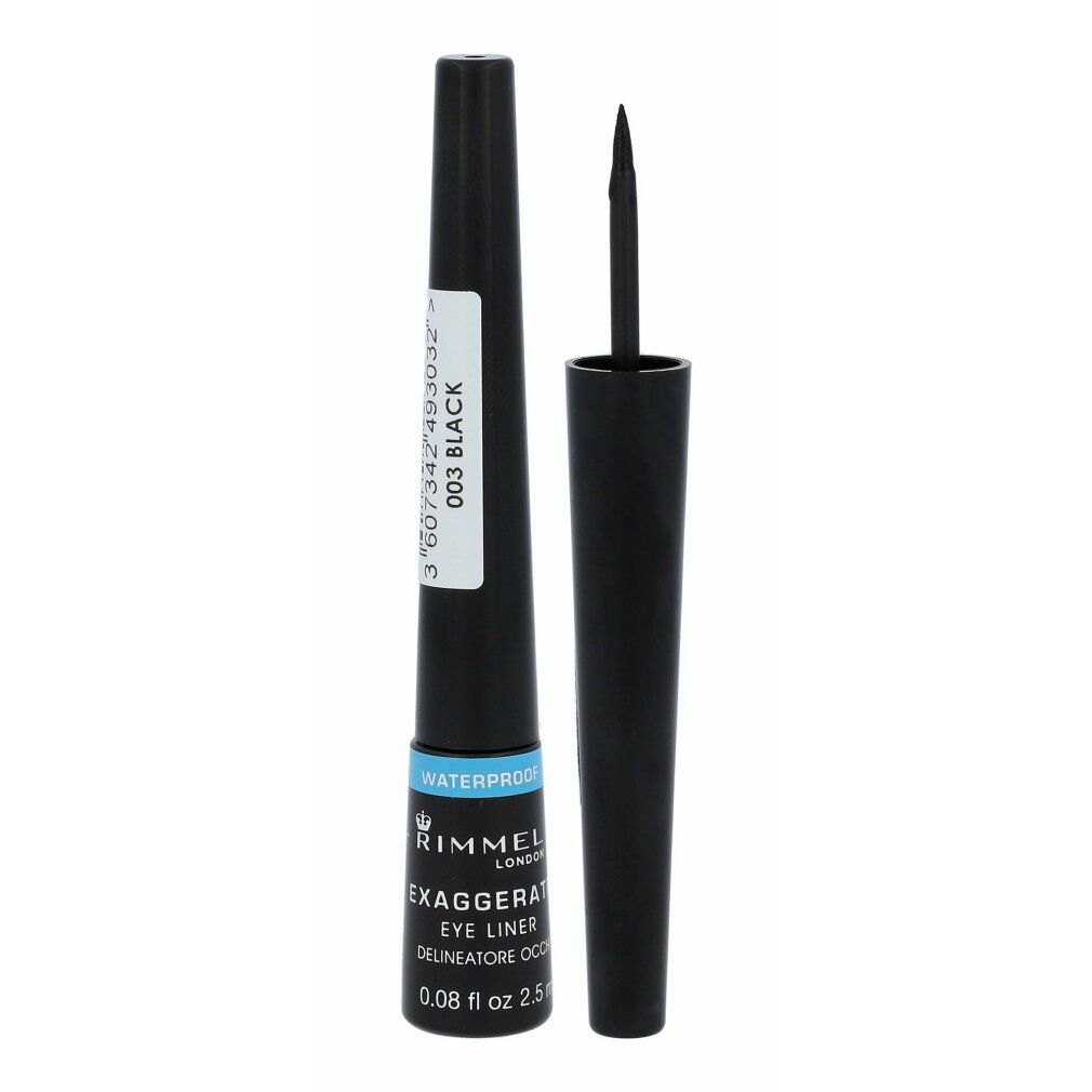 Eyeliner nero con applicatore. Flacone con etichetta. Scritta: Rimmel London Exaggerate Eye Liner Waterproof 003 Black.