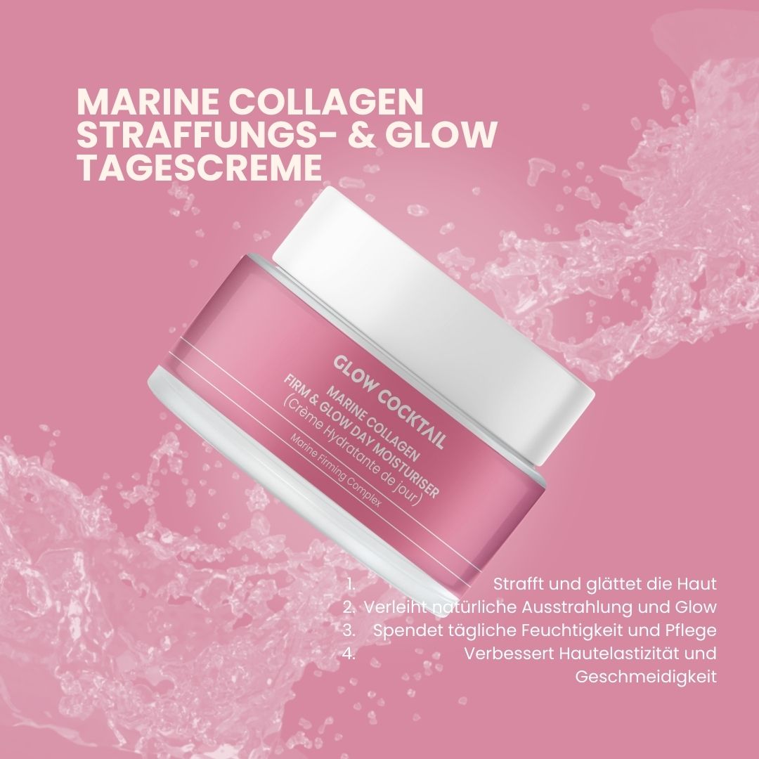 Vaso di crema rosa con coperchio bianco. Scritta: Marine Collagen Firm & Glow Day Moisturiser. Marchio: Glow Cocktail. Effetto acqua.