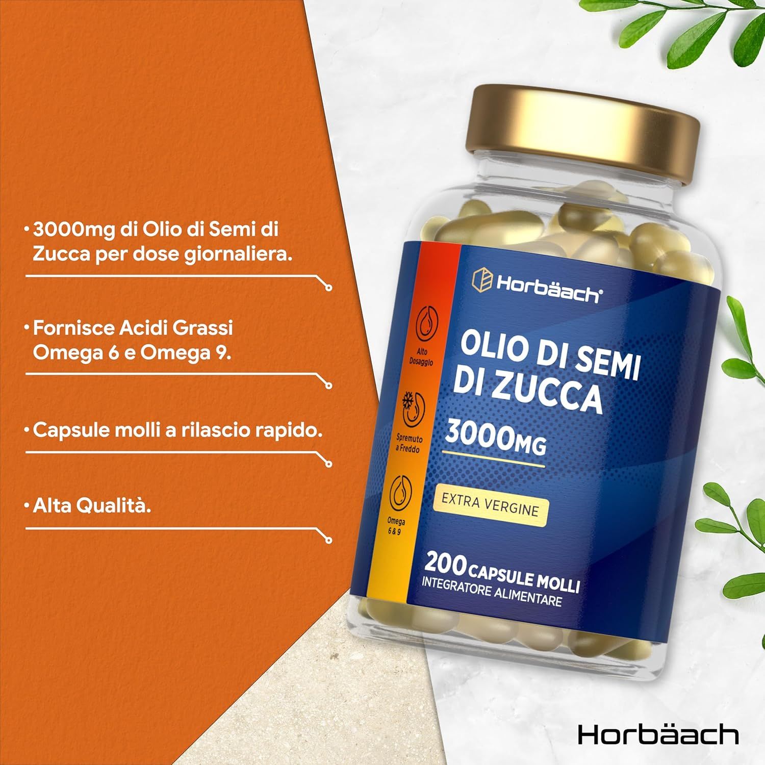 Flacone di capsule Horbaach Olio di Semi di Zucca. Informazioni in italiano. 200 capsule.