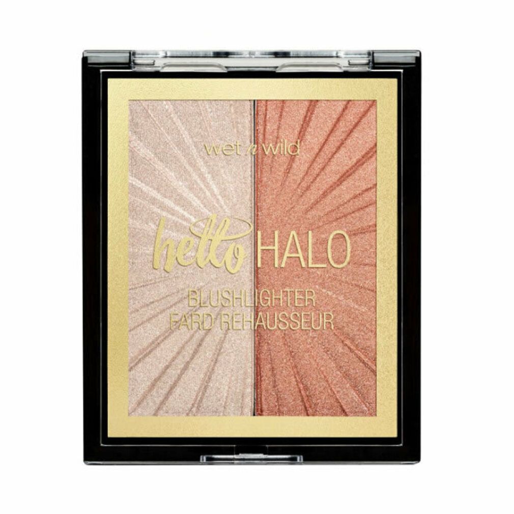 Palette Blushlighter con due tonalità. Scritta "hello HALO" e "BLUSHLIGHTER FARD REHAUSSEUR". Cornice nera, cornice interna dorata.