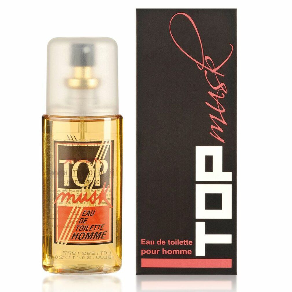 Flacone e confezione di Eau de Toilette. Confezione nera con "Top Musk" e dettagli rosa. Flacone con liquido dorato.