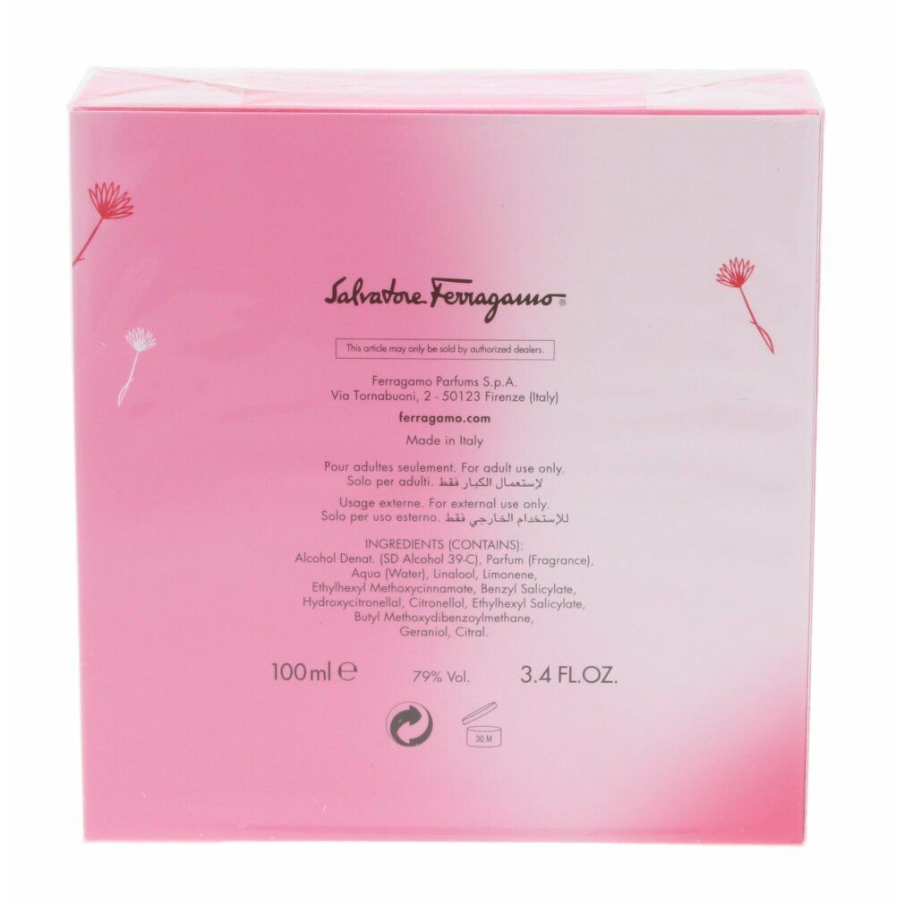 Retro della confezione rosa. Contiene testo con ingredienti, indirizzo del produttore e volume: 100 ml.