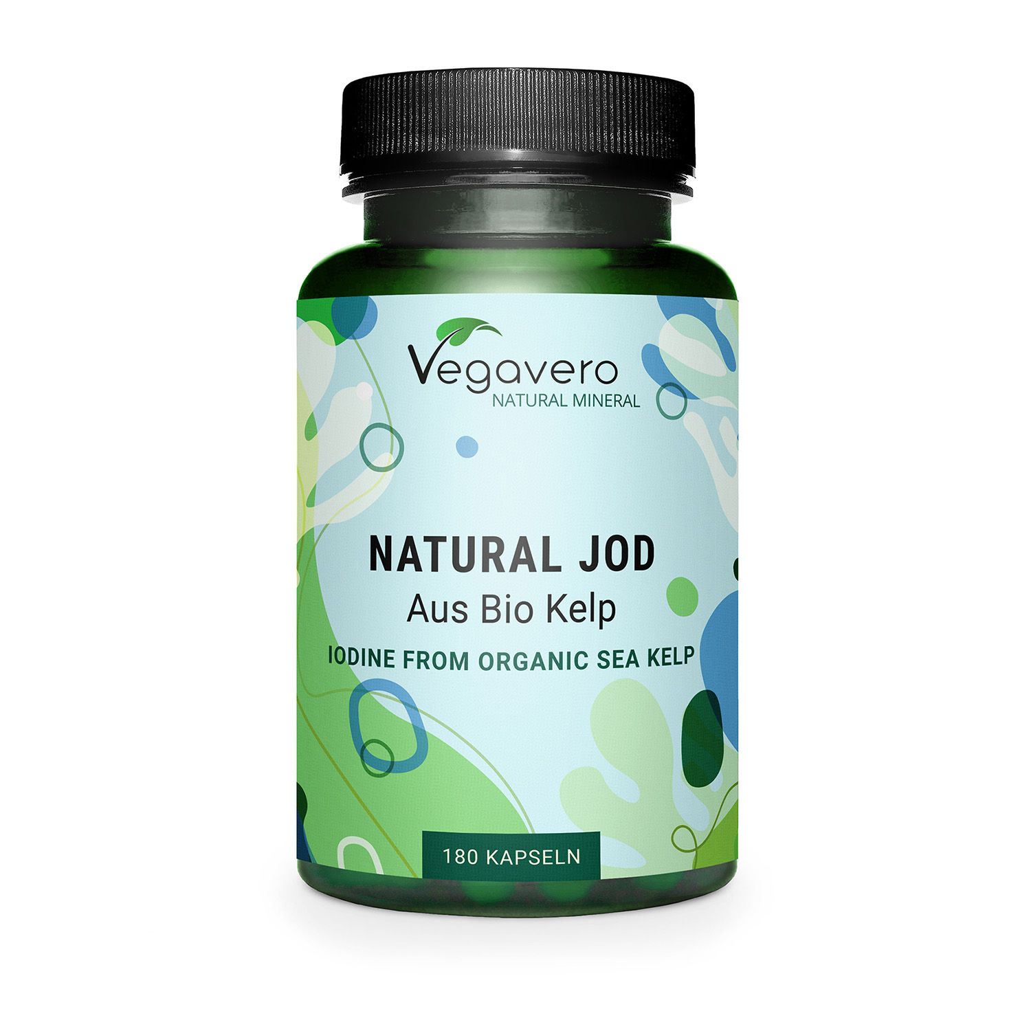Bottiglia verde con tappo nero. Scritta: NATURAL JOD, Aus Bio Kelp, 180 capsule. Marchio: Vegavaro.