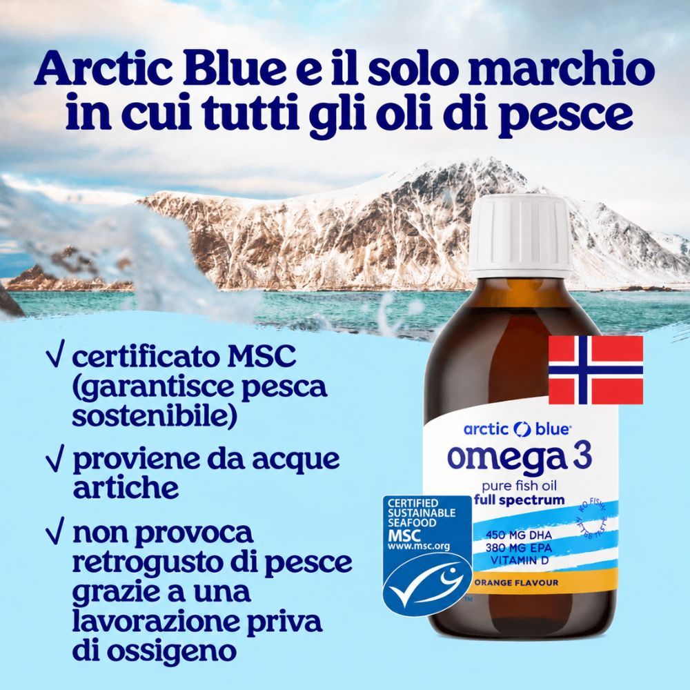 Flacone di olio di pesce Arctic Blue Omega 3, certificato MSC, con bandiera norvegese.