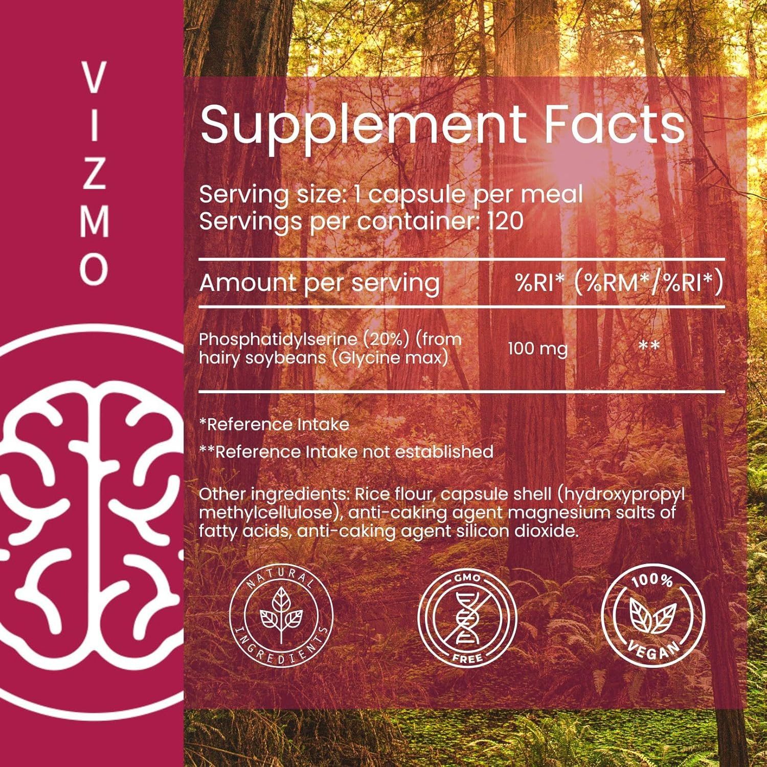 Tabella nutrizionale. Fosfatidilserina (20%) da soia, 100 mg. Vegano, senza OGM, ingredienti naturali.