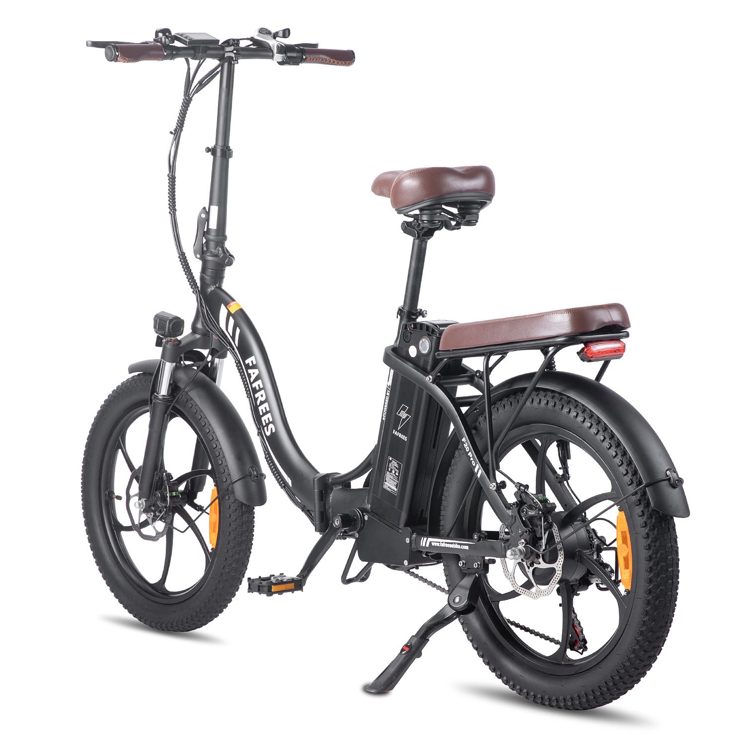 E-bike Fafrees F20 Pro nera con sella marrone. Dettagli visibili: marchio, fari, parafanghi.