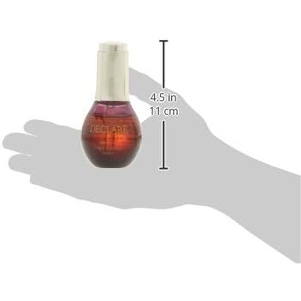 Flacone di siero tenuto in mano. Dimensioni: 4,5 pollici (11 cm). Scritta: DECLARE, agecontrol Night Essential Serum.