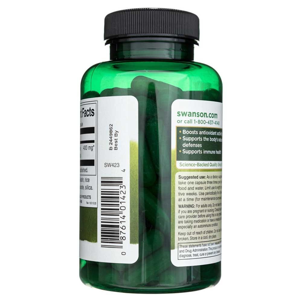 Flacone verde Swanson Echinacea, vista posteriore con capsule visibili.