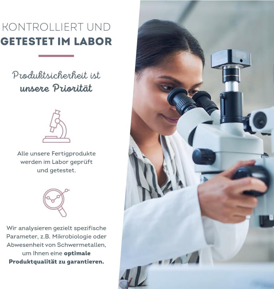 Donna in laboratorio. Testo: Controllato e testato in laboratorio. La qualità del prodotto è la nostra priorità. Tutti i prodotti sono testati in laboratorio.