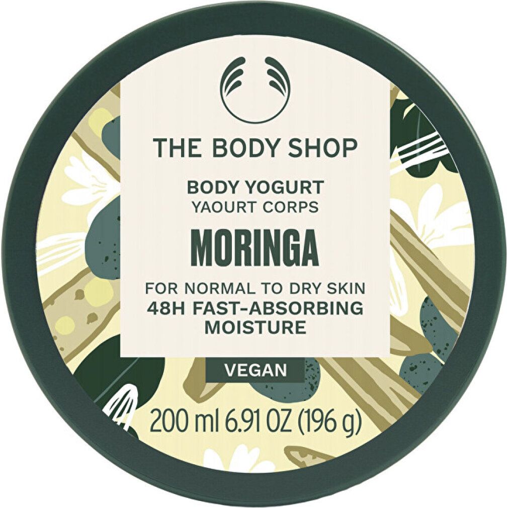 Coperchio Body Yogurt Moringa, scritta: Vegano, 200 ml. Motivo di sfondo.