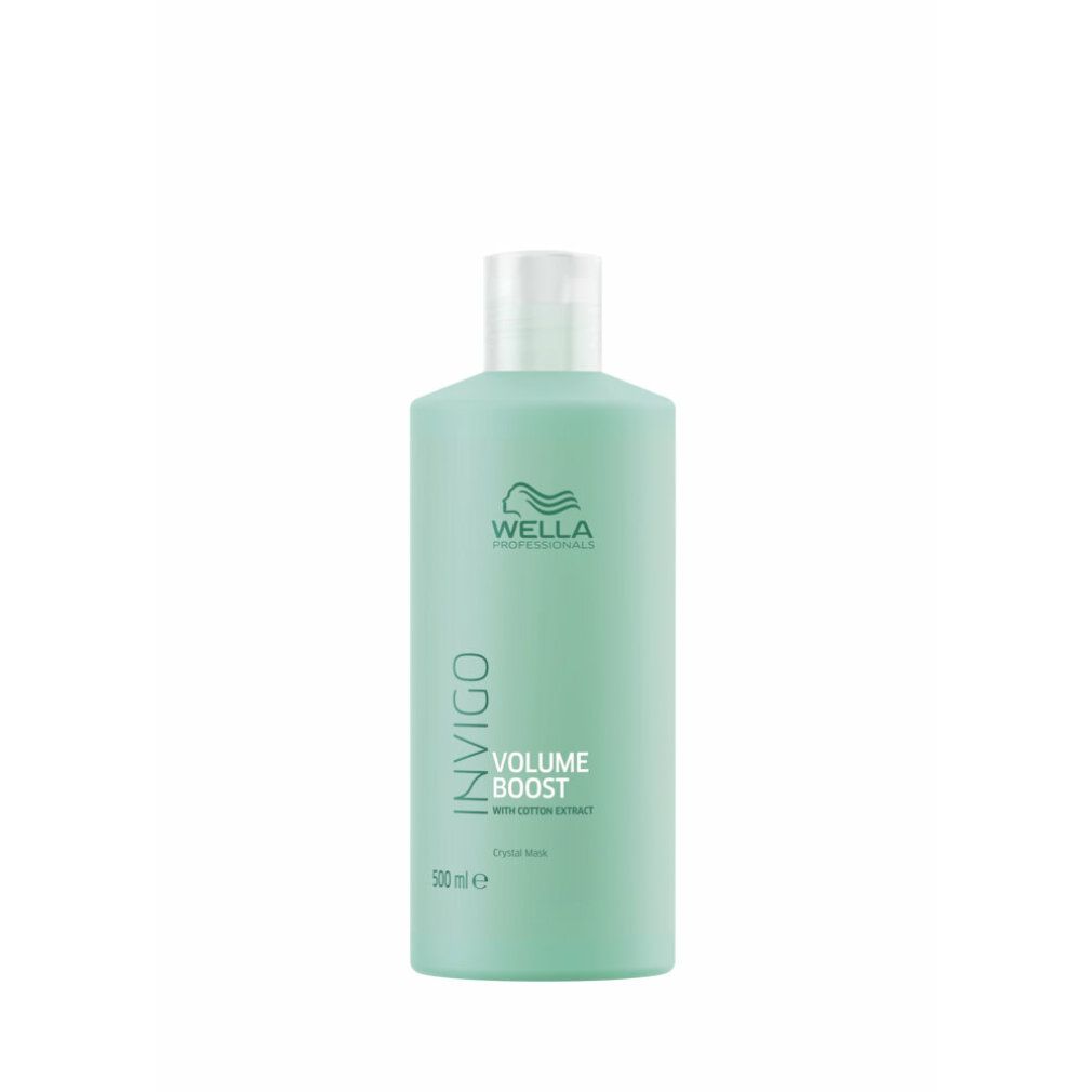 Flacone turchese con tappo bianco. Scritta: Wella Invigo Volume Boost. Con estratto di cotone. 500 ml.