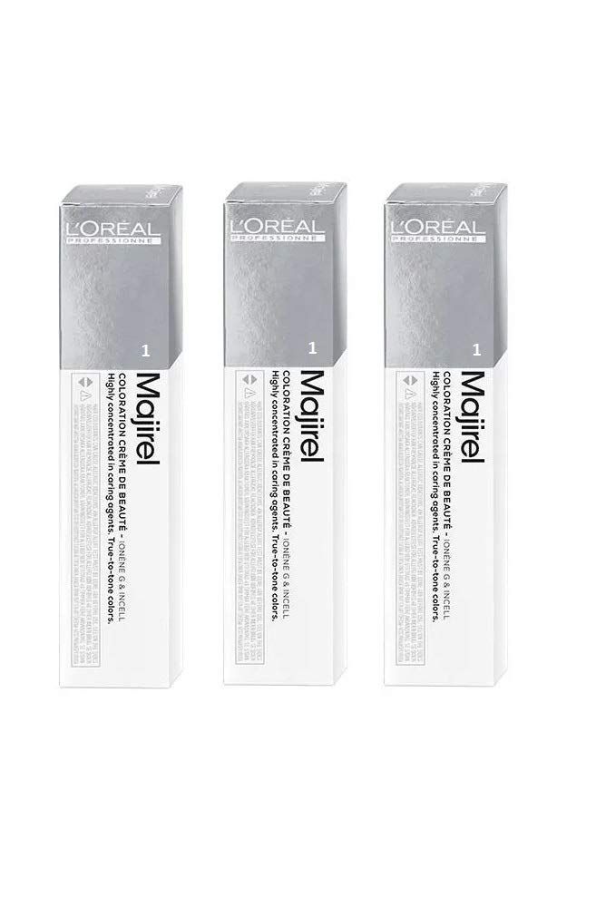 Tre scatole L'Oréal Majirel. Scritta: Colorazione crema di bellezza. Tonalità 1.