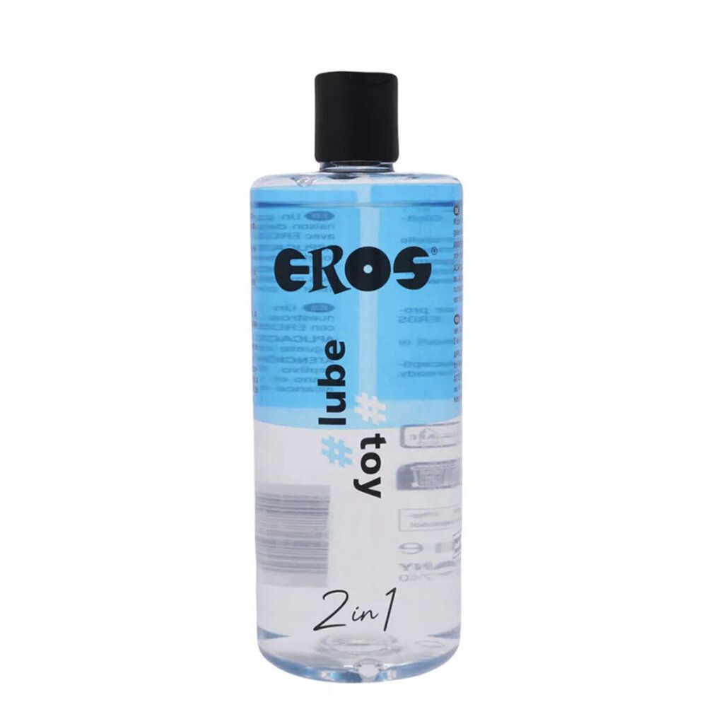 Flacone trasparente con tappo nero. Scritte: EROS, #lube, #toy, 2in1. Liquido blu nella parte superiore.