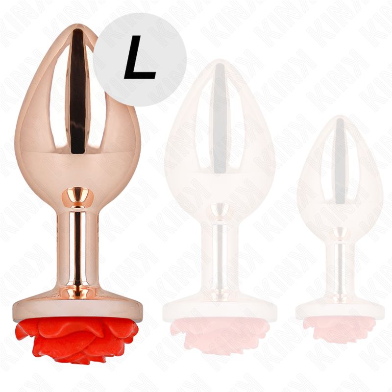 Plug anale in metallo, taglia L, con applicazione di rosa rossa alla base.