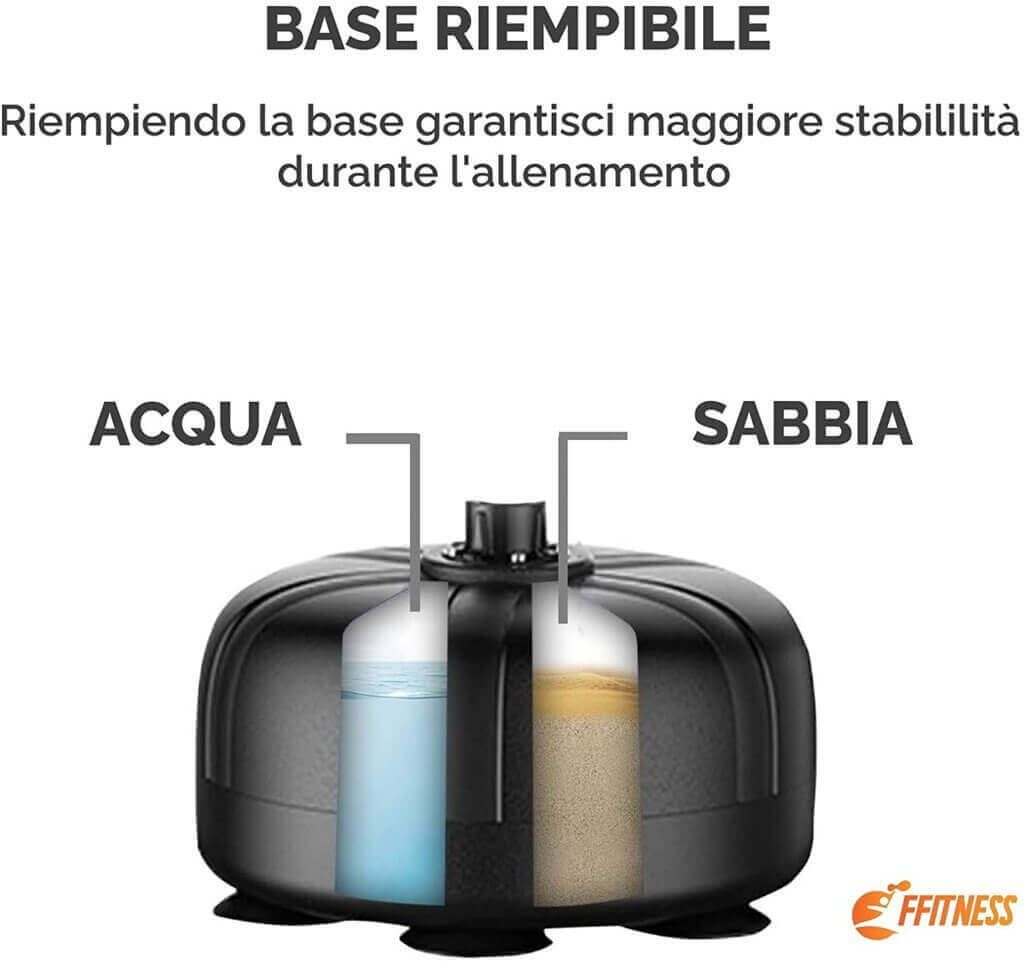Base nera con riempimento acqua e sabbia. Testo: BASE RIEMPIBILE. Logo FFitness.